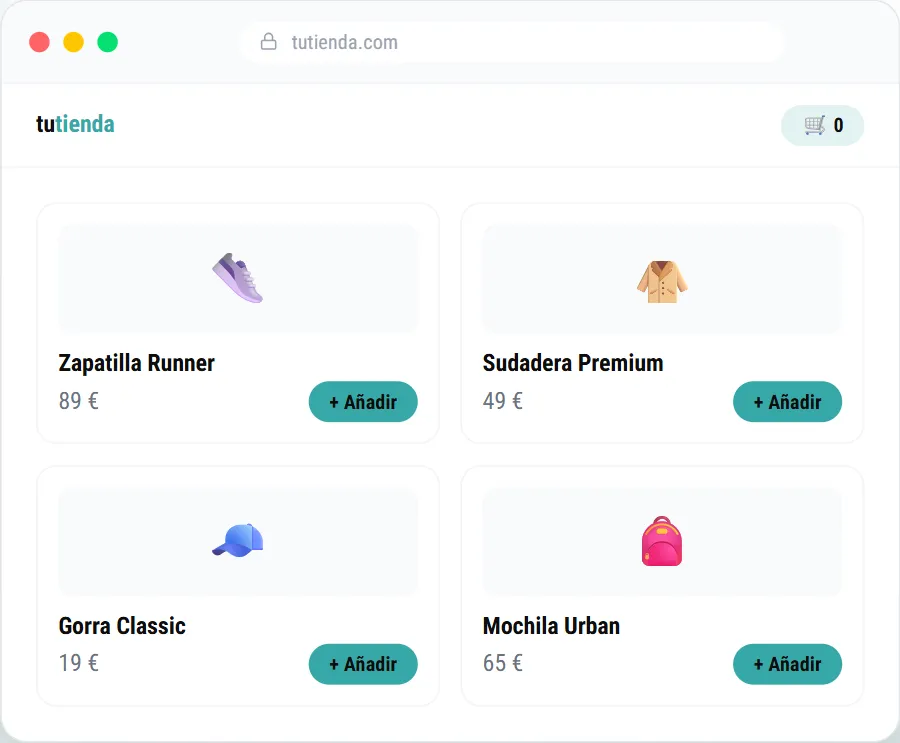Mockup de tienda online con carrito y productos